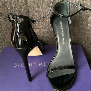 Stuart Weizmann Black Patent Leather Nudist Heeled Sandal